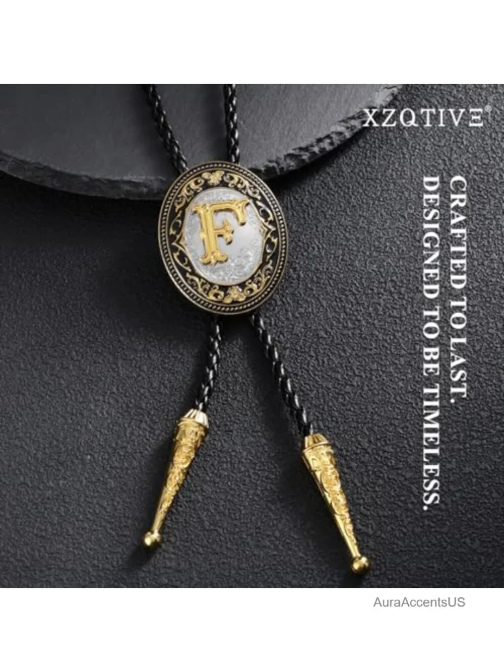 Vintage Western Bolo Tie Leather Necklace Initial Letter Adjustable Cowboy